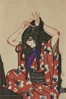 Isaku Nakagawa (1899-2000) "Combing Hair", 1929 woodblock print 11.75 x 8.25"