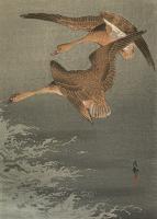 Koson Ohara (1877-1945) "Two geese in flight above water", ca. 1900-1920s woodblock print 6.6 x 4.7"