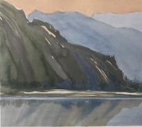 Smoke Veil - View from my Kayak- Malign Lake, watercolour on paper, 11 x 10"