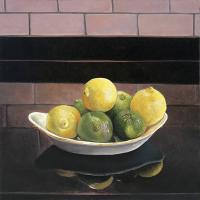 Linda O'Neill "Lemon + Lime Still Life I" 2017 oil on birch 12 x 12"